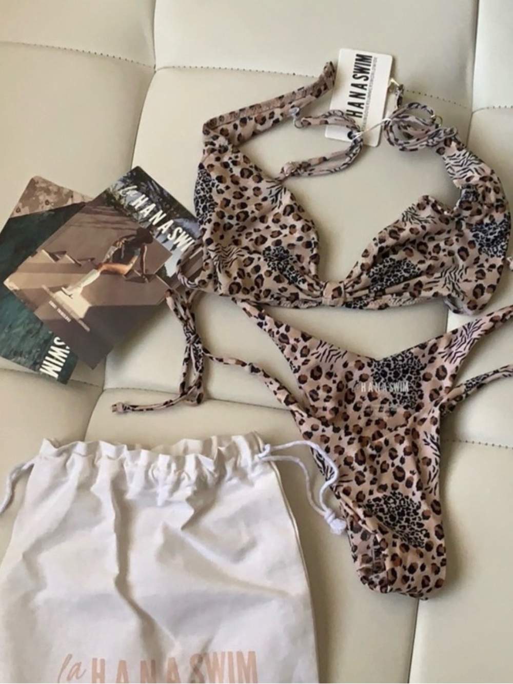 La Hana Swim Leopard Print Triangle Bikini in Beige